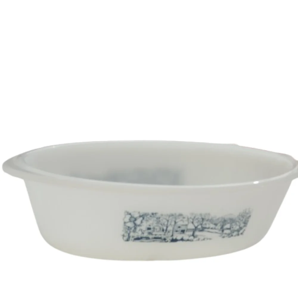 Glasbake Ovenware Bowl Design White Serving Bowl Oval Currier & Ives